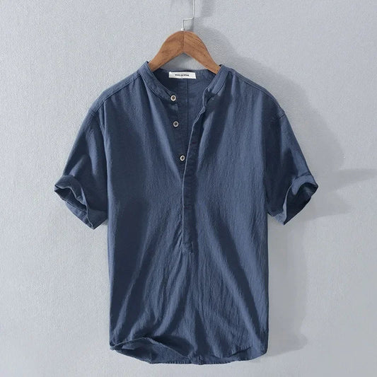 Loose Cotton and Linen Breathable Shirt with Short Sleeves and Semi-Open Collar