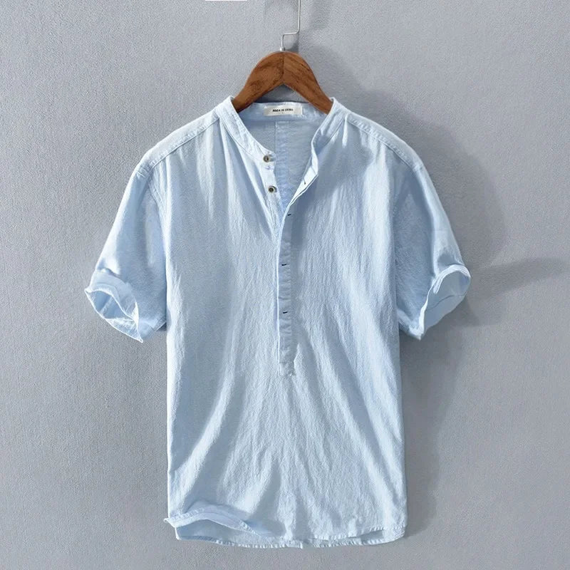 Loose Cotton and Linen Breathable Shirt with Short Sleeves and Semi-Open Collar