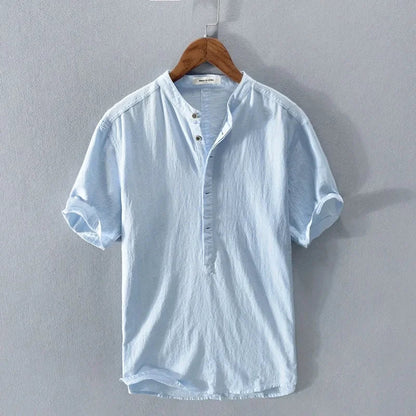 Loose Cotton and Linen Breathable Shirt with Short Sleeves and Semi-Open Collar