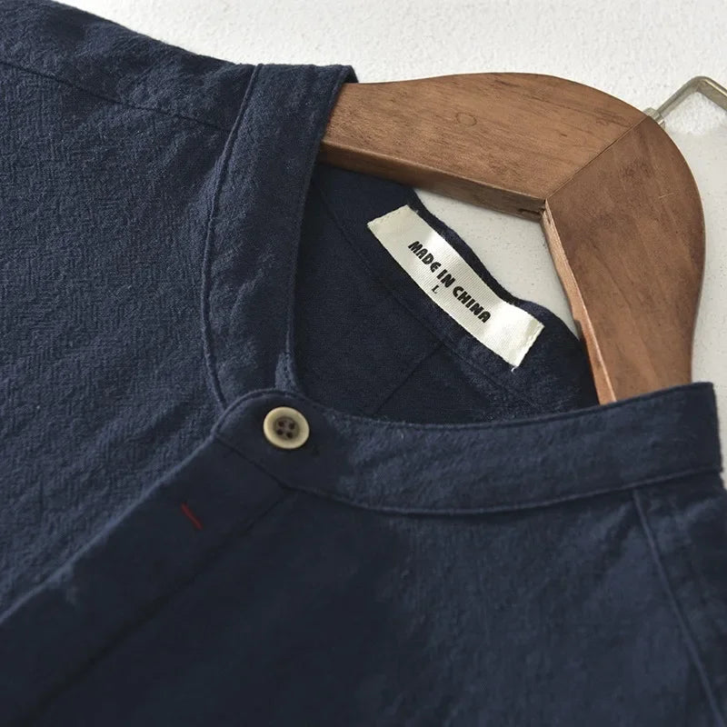Loose Cotton and Linen Breathable Shirt with Short Sleeves and Semi-Open Collar