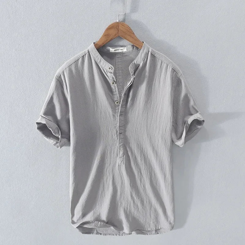 Loose Cotton and Linen Breathable Shirt with Short Sleeves and Semi-Open Collar