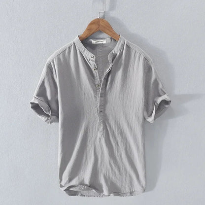 Loose Cotton and Linen Breathable Shirt with Short Sleeves and Semi-Open Collar