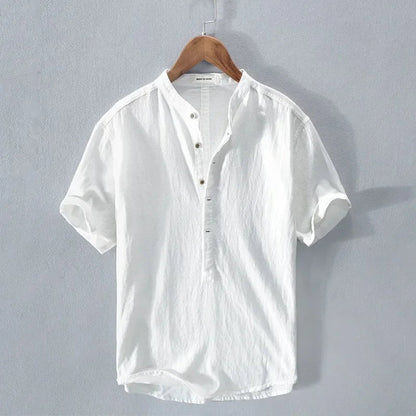 Loose Cotton and Linen Breathable Shirt with Short Sleeves and Semi-Open Collar