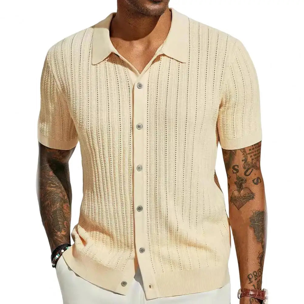 Short Sleeve Knitted Cardigan Shirt for Men – Breathable Large Size Beach Top