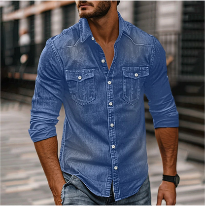 Classic Men's Denim Shirt with Chest Pockets and Structured Fit
