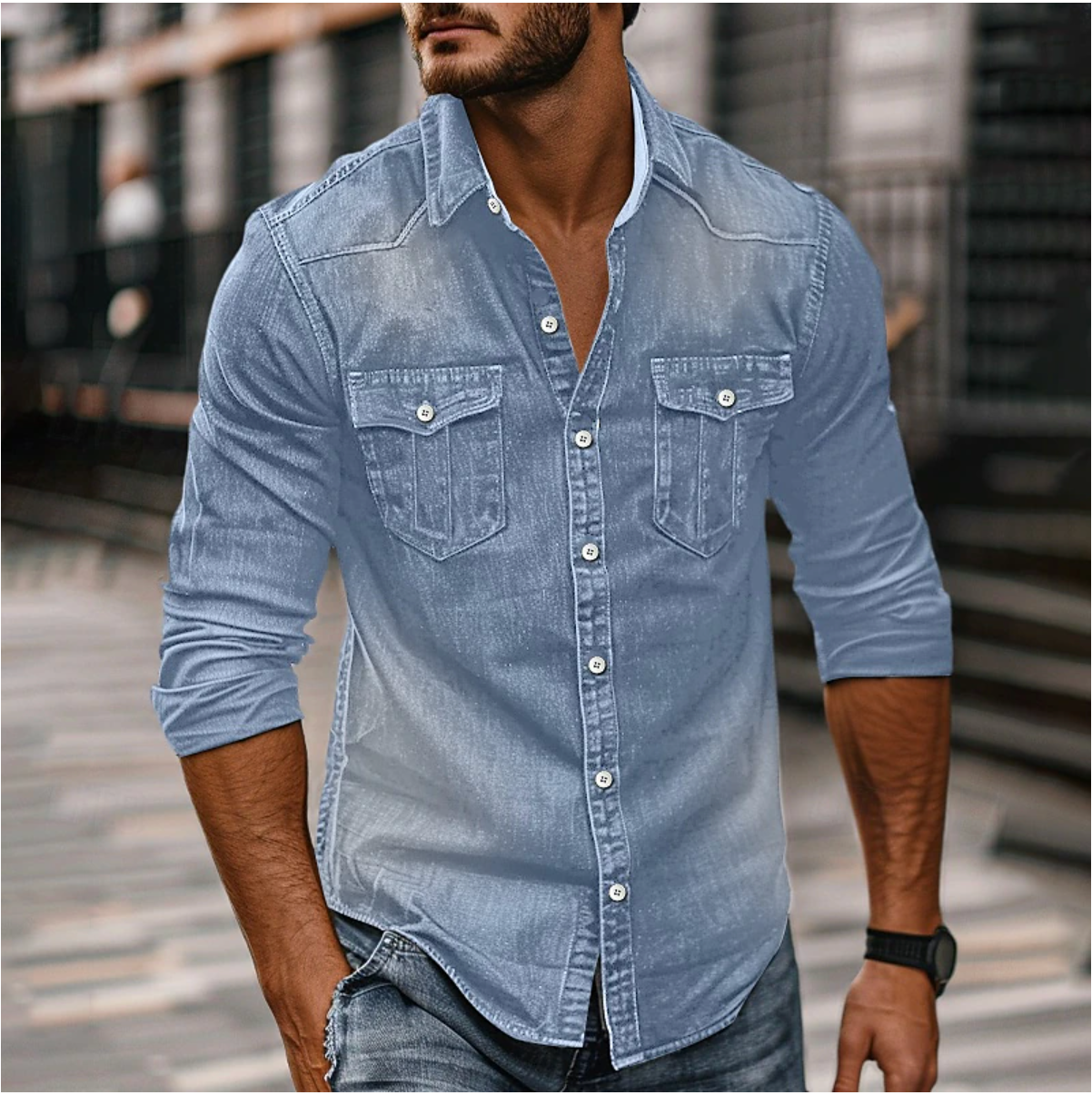 Classic Men's Denim Shirt with Chest Pockets and Structured Fit