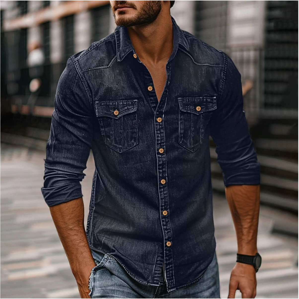 Classic Men's Denim Shirt with Chest Pockets and Structured Fit
