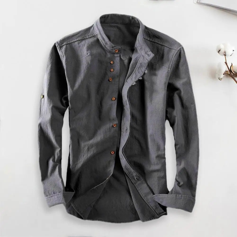 Casual Long Sleeve Shirt for Men - Stand Collar and Fitted Design