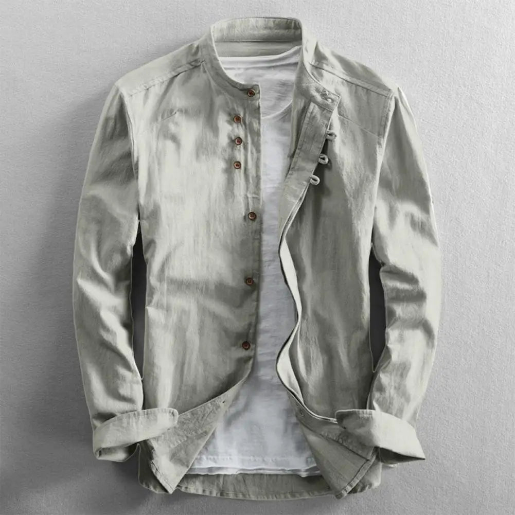Casual Long Sleeve Shirt for Men - Stand Collar and Fitted Design