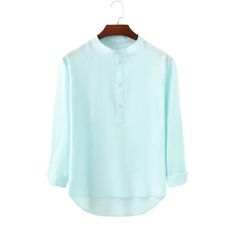 Casual Shirt in Cotton and Linen with Henry Collar and Long Sleeves – Loose Top
