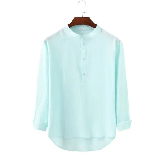 Casual Shirt in Cotton and Linen with Henry Collar and Long Sleeves – Loose Top