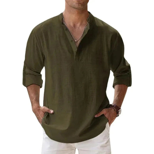 Lightweight Henley Shirt with Long Sleeves for Men – Breathable Cotton and Linen
