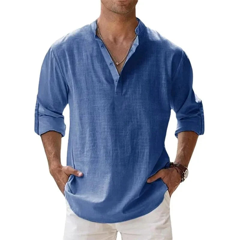 Lightweight Henley Shirt with Long Sleeves for Men – Breathable Cotton and Linen