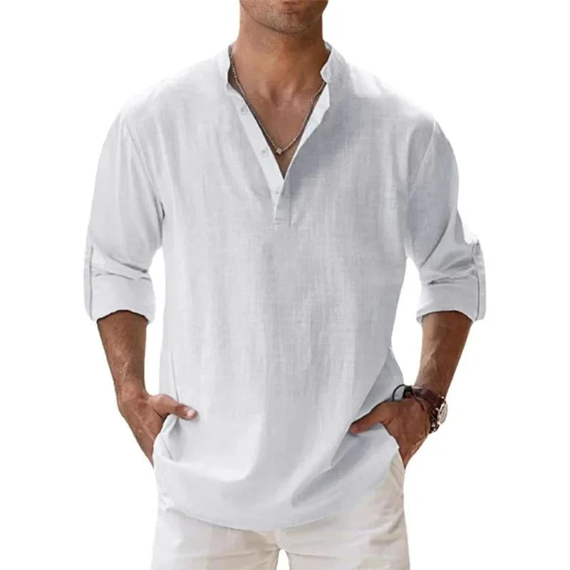Lightweight Henley Shirt with Long Sleeves for Men – Breathable Cotton and Linen