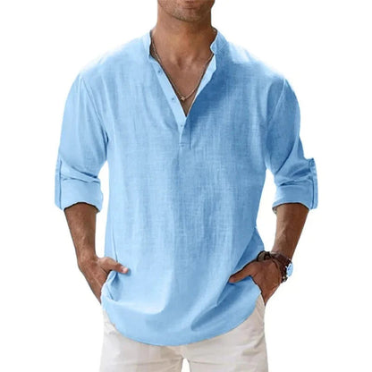 Lightweight Henley Shirt with Long Sleeves for Men – Breathable Cotton and Linen