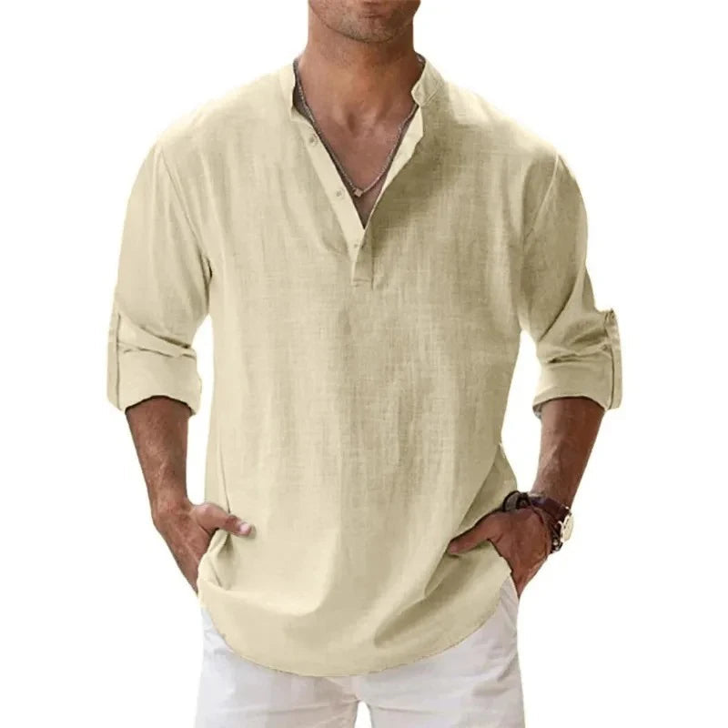 Lightweight Henley Shirt with Long Sleeves for Men – Breathable Cotton and Linen