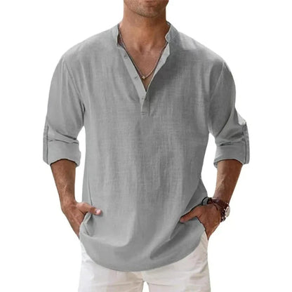 Lightweight Henley Shirt with Long Sleeves for Men – Breathable Cotton and Linen