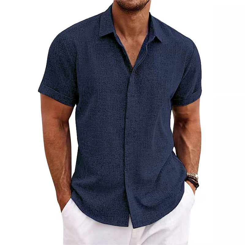 Polo Collar Shirt in Cotton and Linen – Casual Short Sleeve Top for Summer