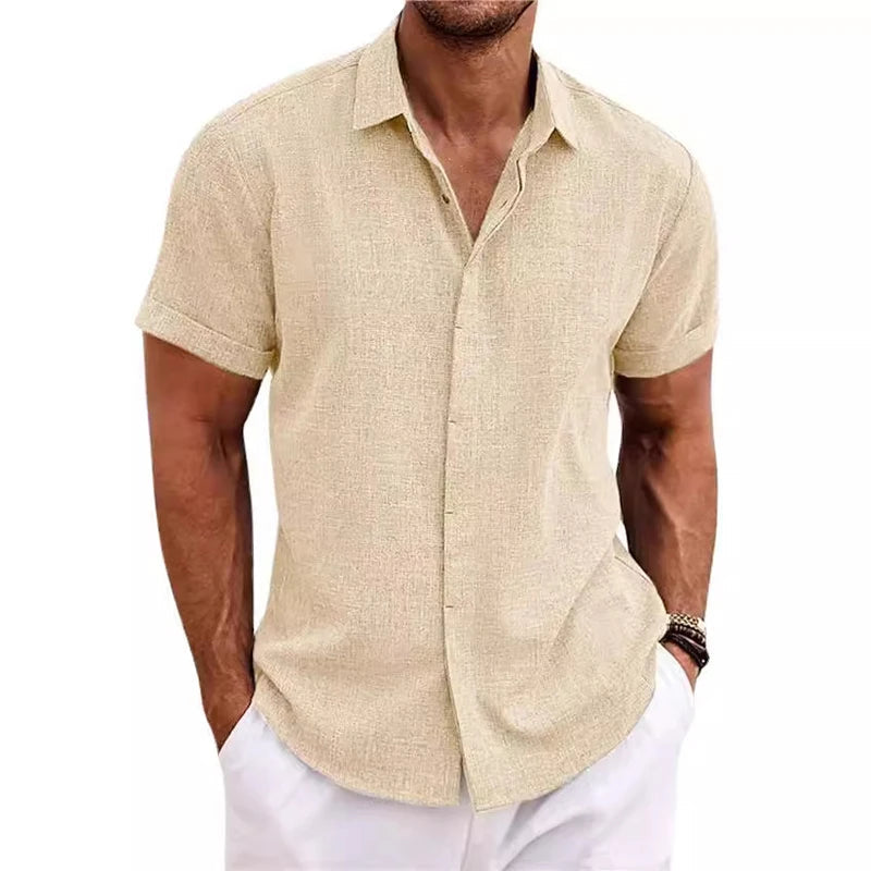 Polo Collar Shirt in Cotton and Linen – Casual Short Sleeve Top for Summer