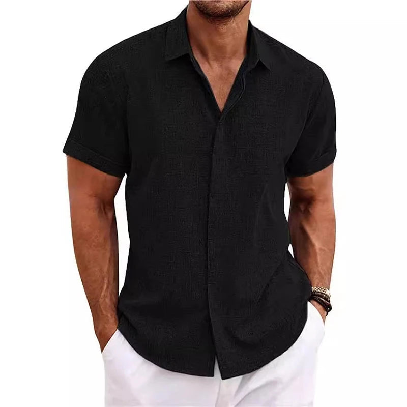 Polo Collar Shirt in Cotton and Linen – Casual Short Sleeve Top for Summer