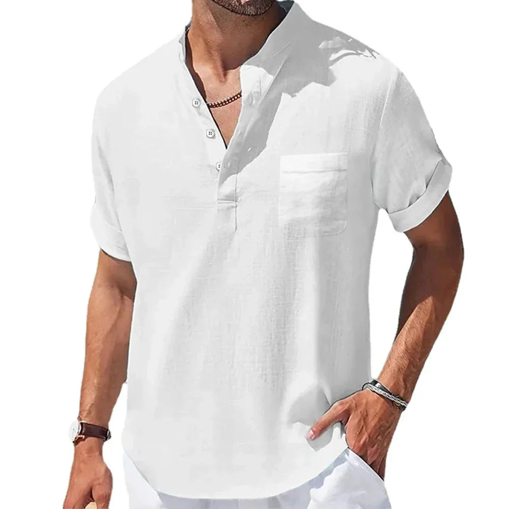 Lightweight Summer Shirt in Cotton and Linen for Men with Henry Collar – Casual and Breathable Style