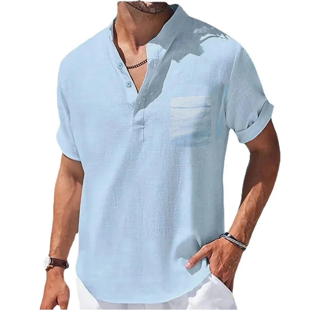 Lightweight Summer Shirt in Cotton and Linen for Men with Henry Collar – Casual and Breathable Style