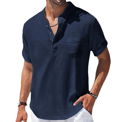 Lightweight Summer Shirt in Cotton and Linen for Men with Henry Collar – Casual and Breathable Style