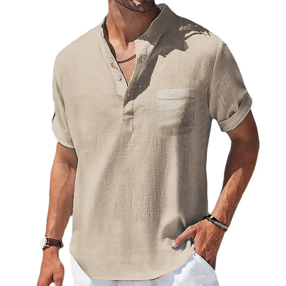 Lightweight Summer Shirt in Cotton and Linen for Men with Henry Collar – Casual and Breathable Style