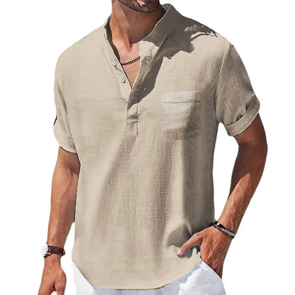 Lightweight Summer Shirt in Cotton and Linen for Men with Henry Collar – Casual and Breathable Style