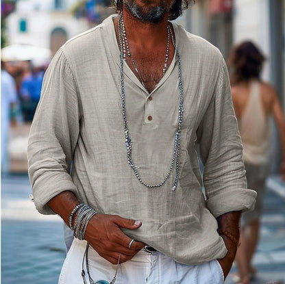Summer Shirt in Cotton and Linen with Long Sleeves - Casual Buttoned Top for the Beach