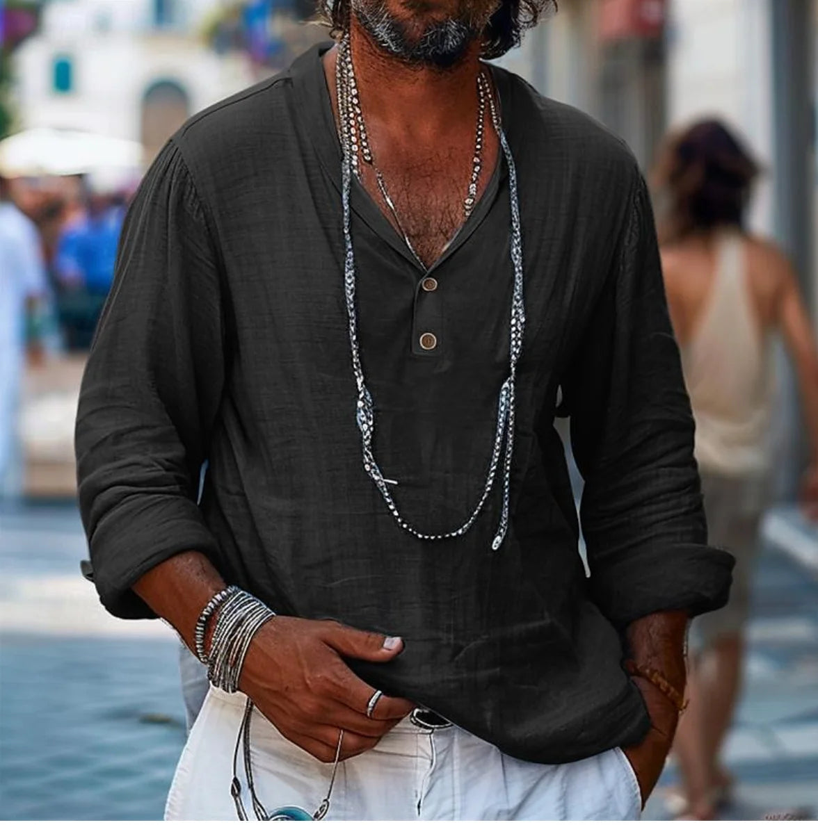 Summer Shirt in Cotton and Linen with Long Sleeves - Casual Buttoned Top for the Beach