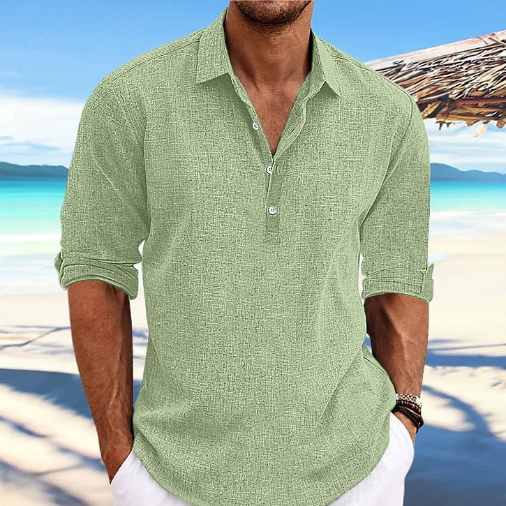 Casual Long Sleeve Beach Shirt in Cotton and Linen – Elegant Blouse for Streetwear