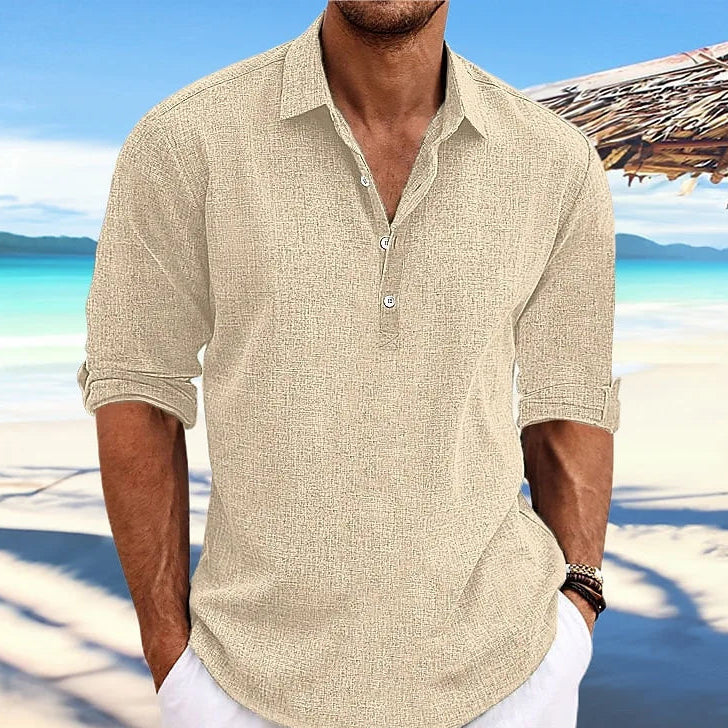 Casual Long Sleeve Beach Shirt in Cotton and Linen – Elegant Blouse for Streetwear