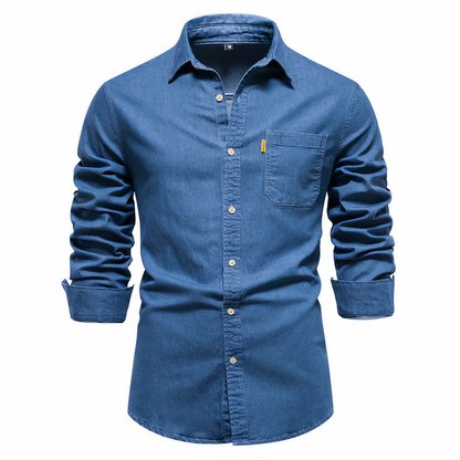 Fitted Cotton Denim Shirt for Men – Long Sleeves, Versatile for Casual and Formal Wear
