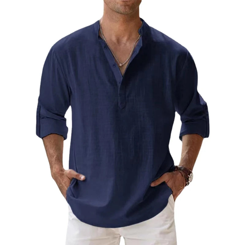 Breathable Long Sleeve Linen Shirt – Size S-5XL, Solid Color