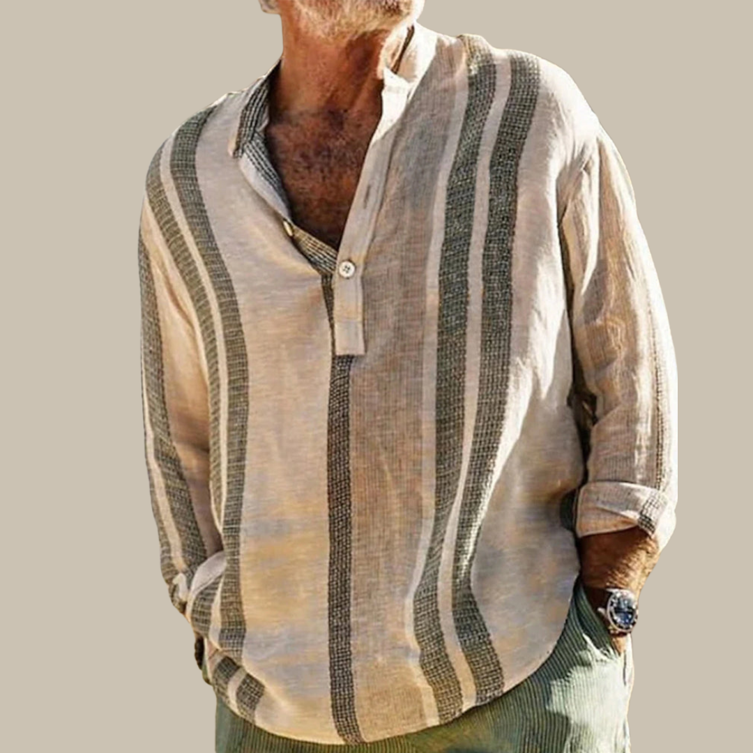 Linen Shirt for Men with Mao Collar and Subtle Stripes – Sizes S to XL
