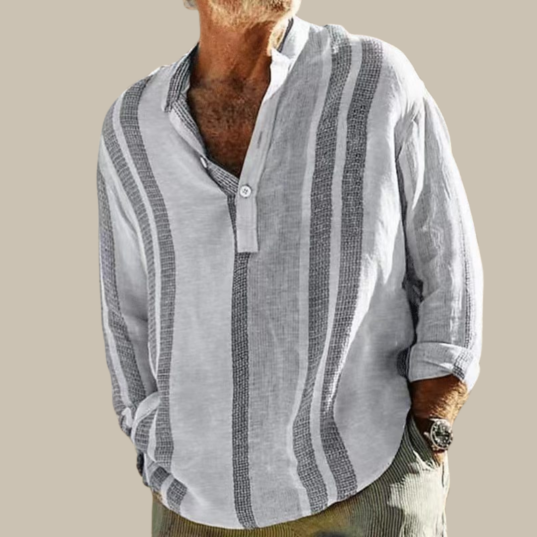 Linen Shirt for Men with Mao Collar and Subtle Stripes – Sizes S to XL