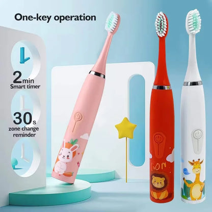 Children's Electric Toothbrush with 5 Replacement Heads – Cartoon Design, Ultrasonic Cleaning, IPX7 Waterproof