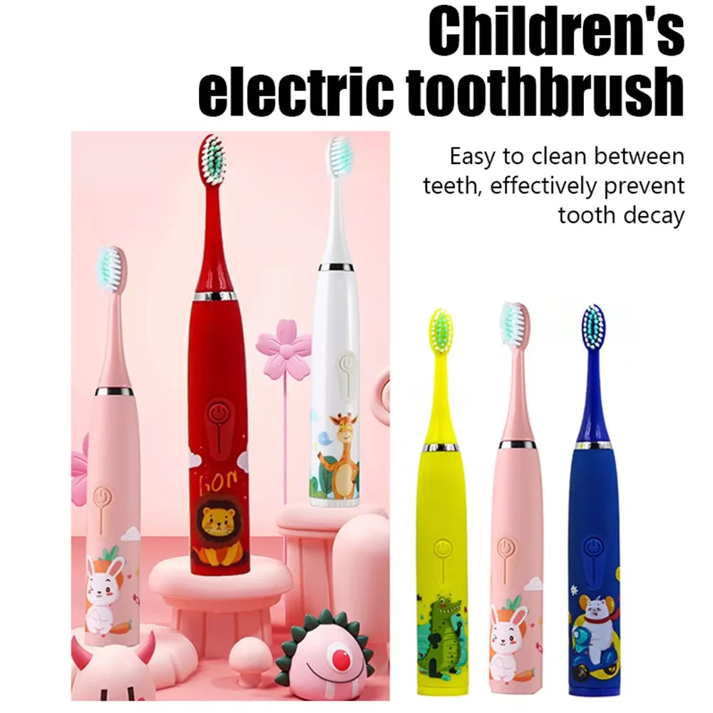 Children's Electric Toothbrush with 5 Replacement Heads – Cartoon Design, Ultrasonic Cleaning, IPX7 Waterproof
