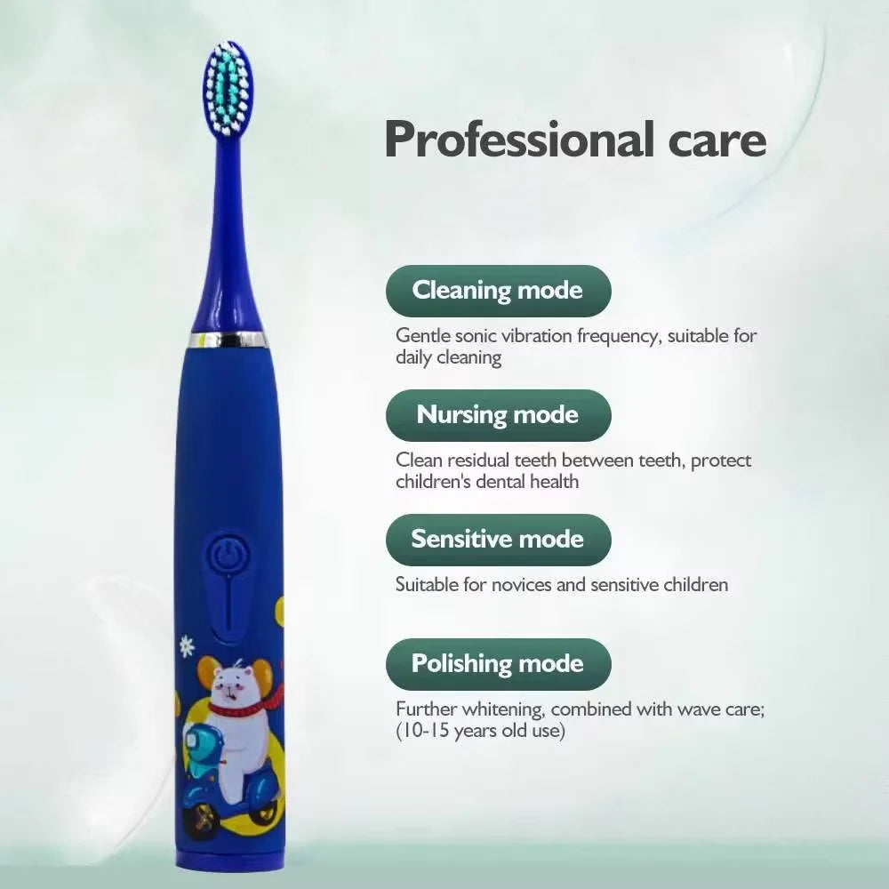 Children's Electric Toothbrush with 5 Replacement Heads – Cartoon Design, Ultrasonic Cleaning, IPX7 Waterproof
