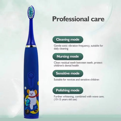 Children's Electric Toothbrush with 5 Replacement Heads – Cartoon Design, Ultrasonic Cleaning, IPX7 Waterproof