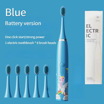 Children's Electric Toothbrush with 5 Replacement Heads – Cartoon Design, Ultrasonic Cleaning, IPX7 Waterproof