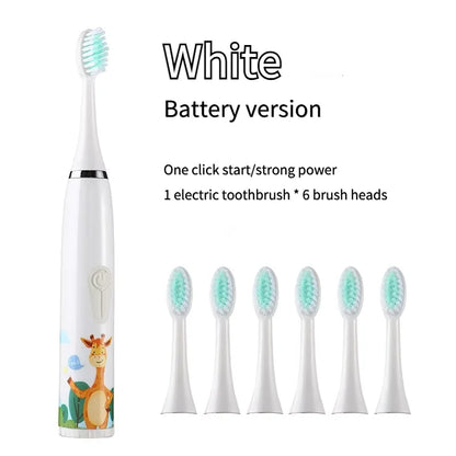 Children's Electric Toothbrush with 5 Replacement Heads – Cartoon Design, Ultrasonic Cleaning, IPX7 Waterproof