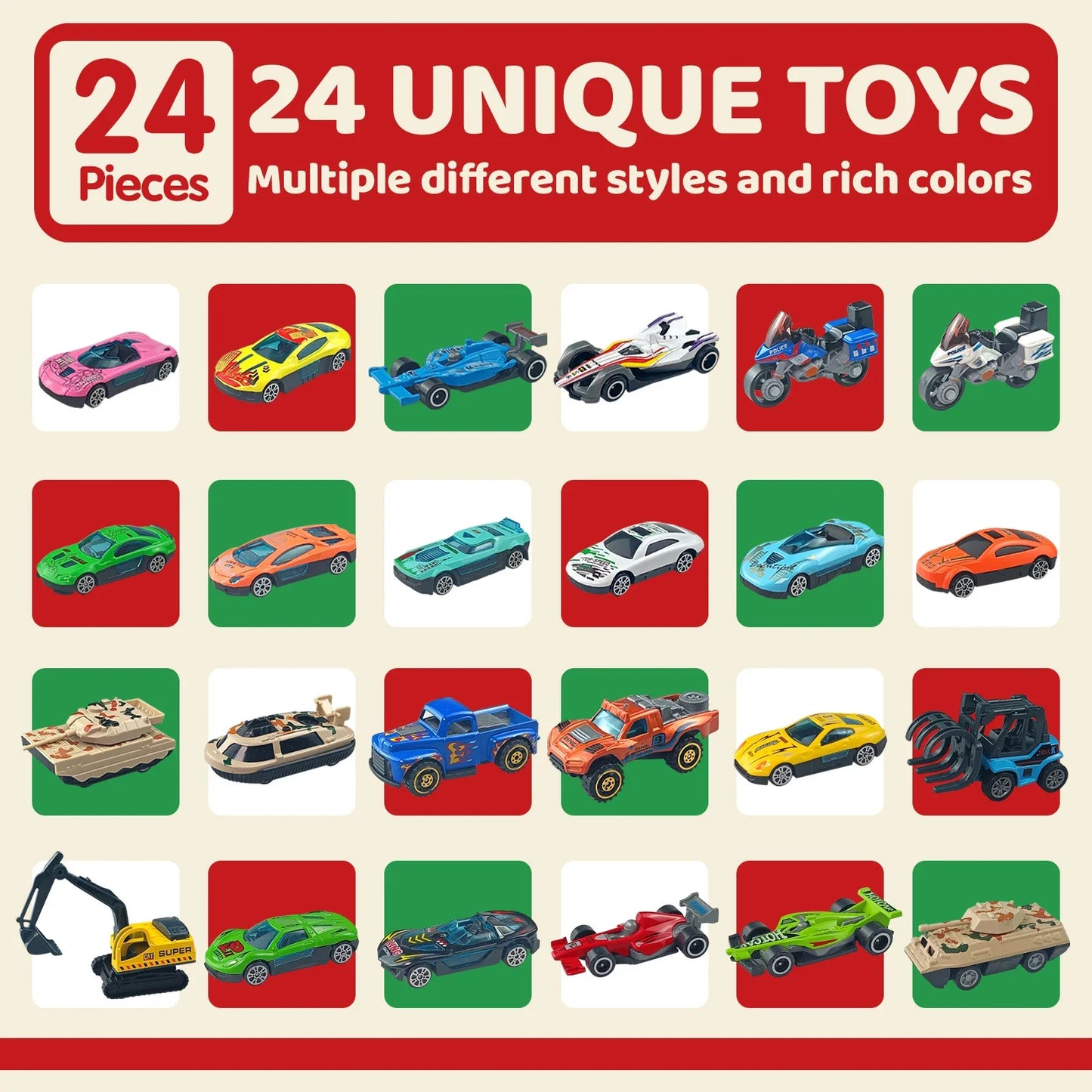 Christmas Advent Calendar with 24 Alloy Cars for Kids – Fun Countdown Toy for Imaginative Play
