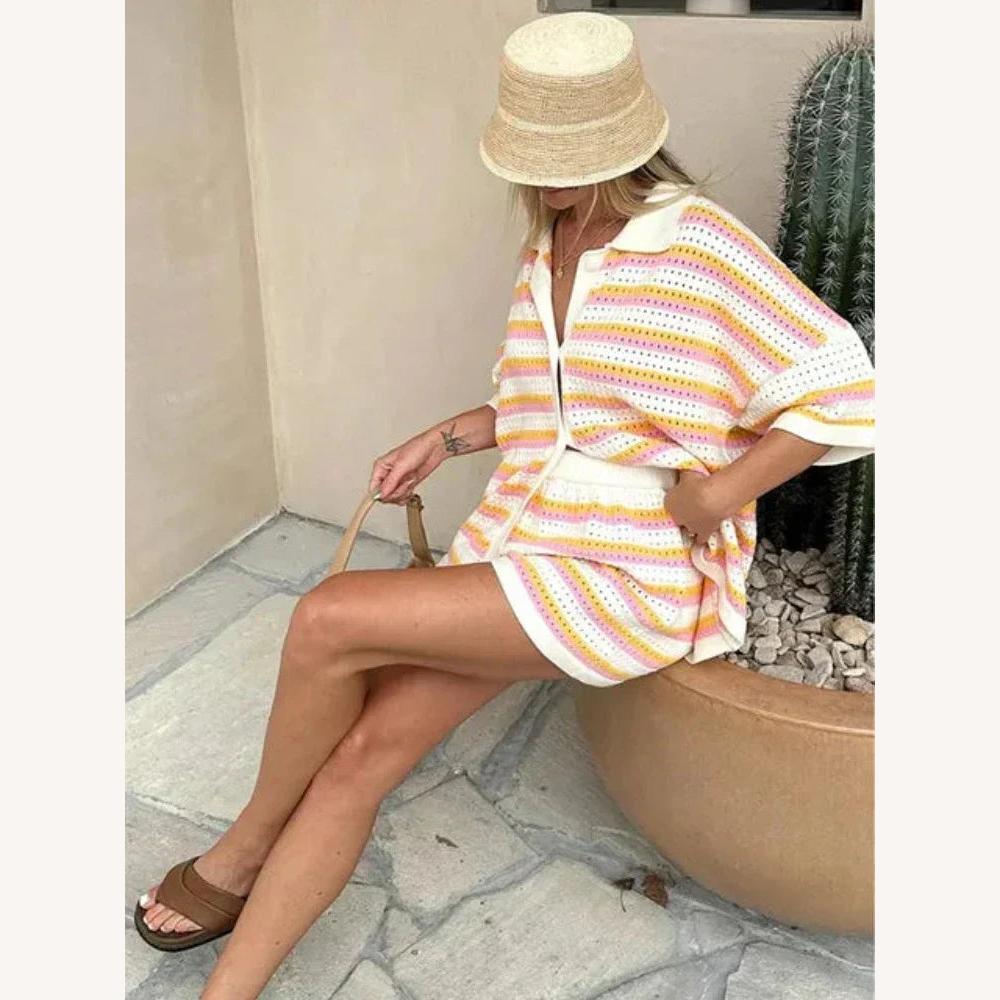 Women's Casual Striped Knit Set with Buttoned Shirt and Elastic Shorts – Lightweight Comfort for Summer
