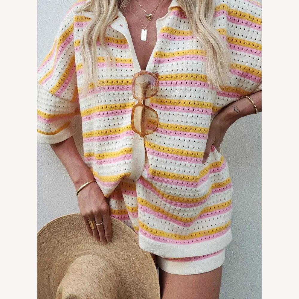 Women's Casual Striped Knit Set with Buttoned Shirt and Elastic Shorts – Lightweight Comfort for Summer