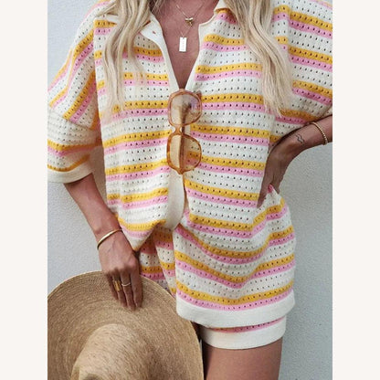 Women's Casual Striped Knit Set with Buttoned Shirt and Elastic Shorts – Lightweight Comfort for Summer