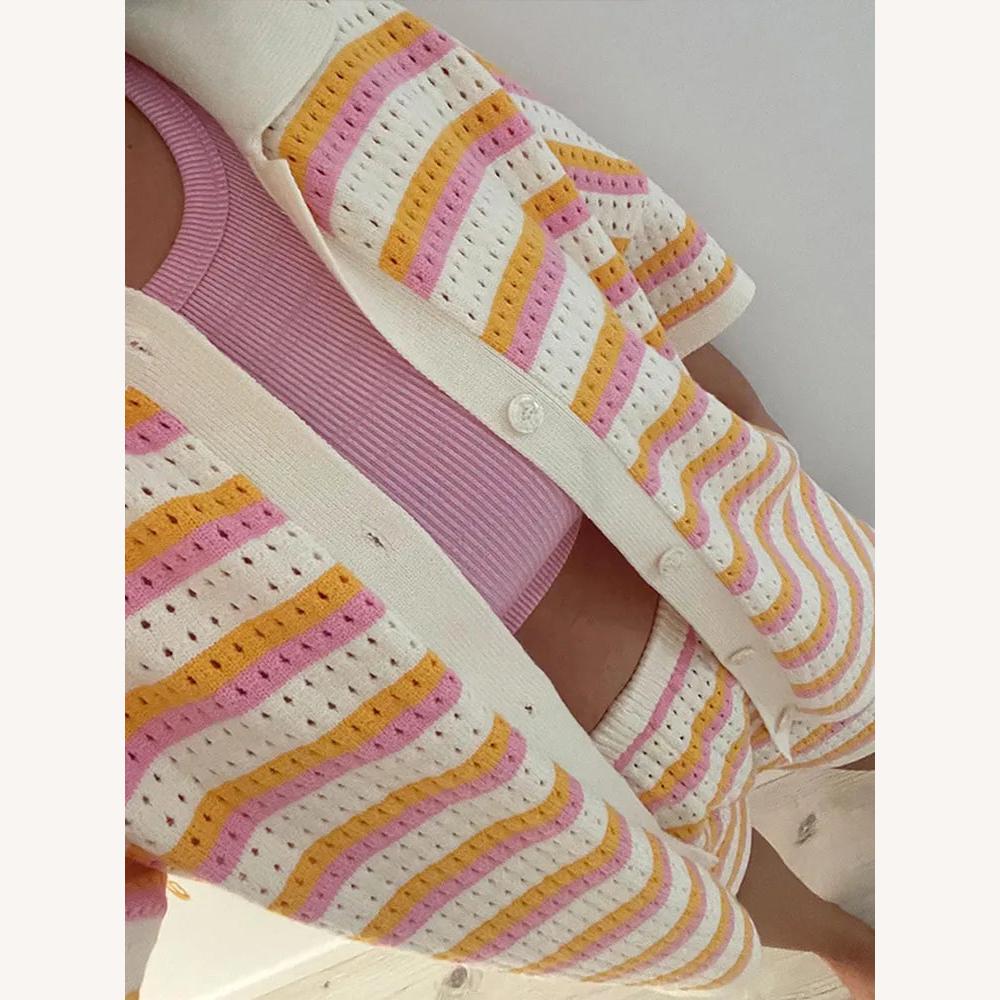 Women's Casual Striped Knit Set with Buttoned Shirt and Elastic Shorts – Lightweight Comfort for Summer