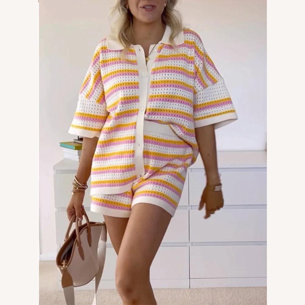 Women's Casual Striped Knit Set with Buttoned Shirt and Elastic Shorts – Lightweight Comfort for Summer