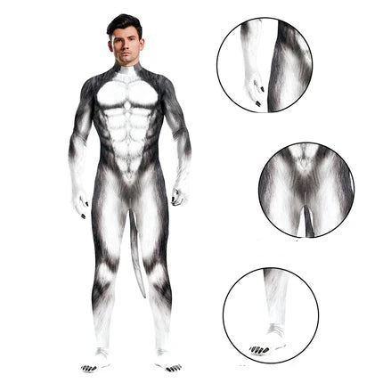 Unisex Husky Costume in Full Jumpsuit with Detachable Tail for Halloween and Cosplay